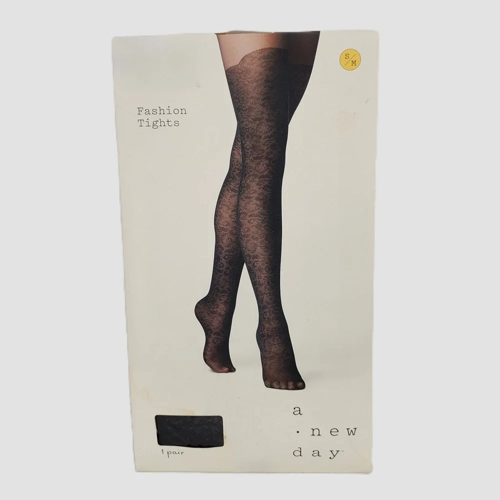 A New Day Womens S / M Fashion Tights Ebony Black Floral Lace Sheer Hosiery New‎